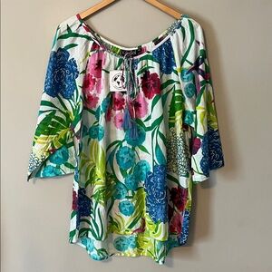 KikiSol Vibrant Floral Tunic Top 100% Cotton Size Large 3/4 Sleeves NWT
